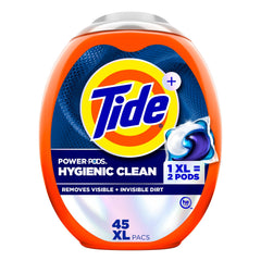 Tide paquete frontal mostrando 45 cápsulas y dosificación fácil
