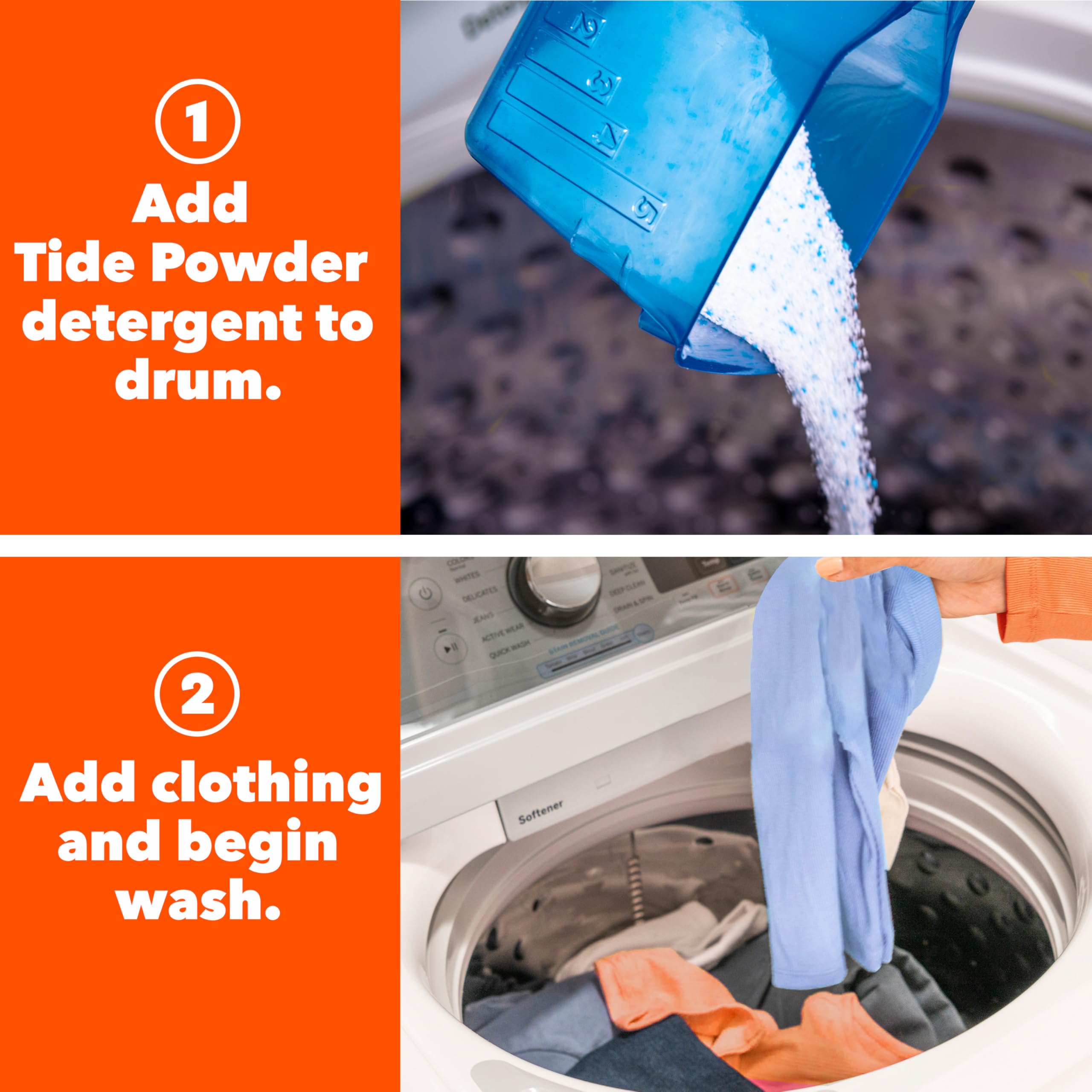 Tide Ultra OXI Powder etiqueta con instrucciones y compatibilidad HE clara