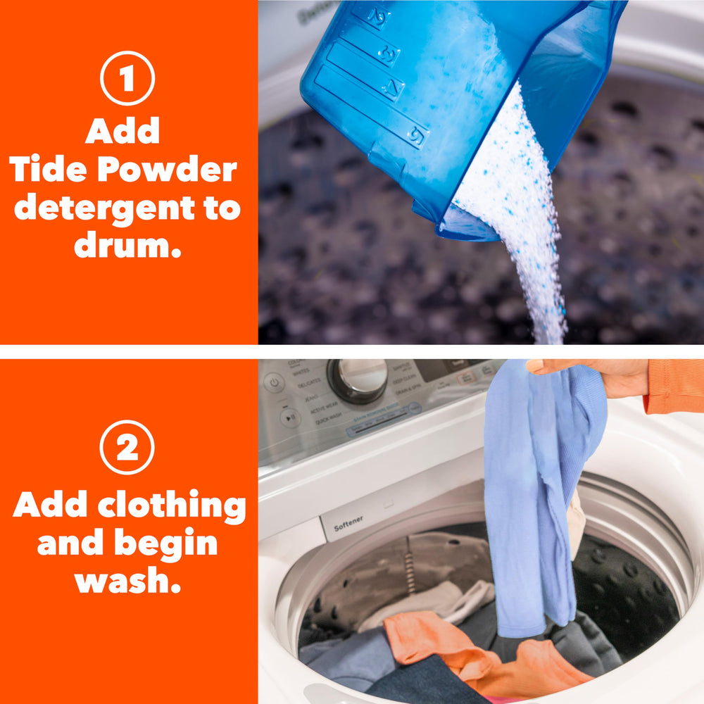Tide Ultra OXI Powder etiqueta con instrucciones y compatibilidad HE clara