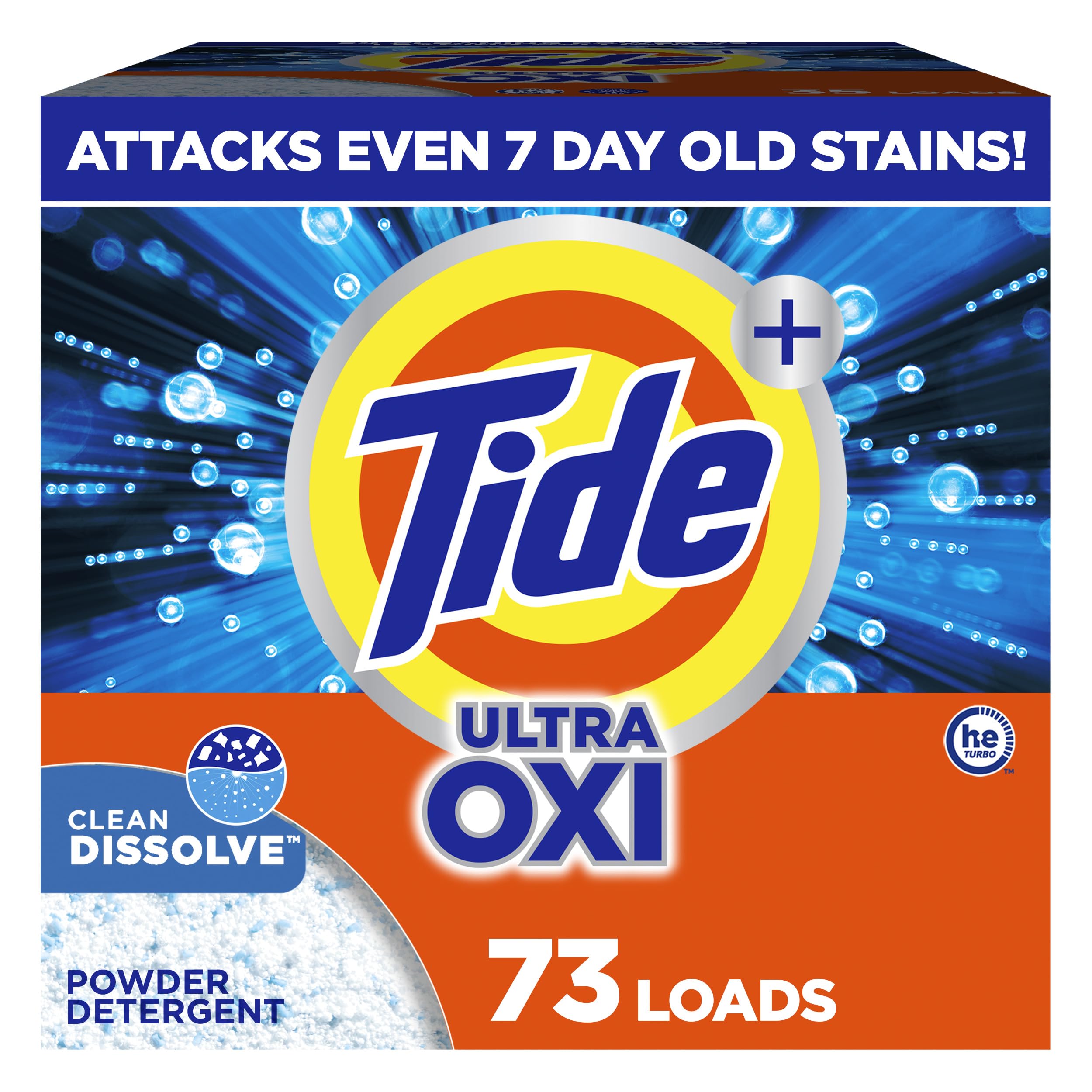 Tide Ultra OXI Powder frontal del empaque mostrando uso y beneficio