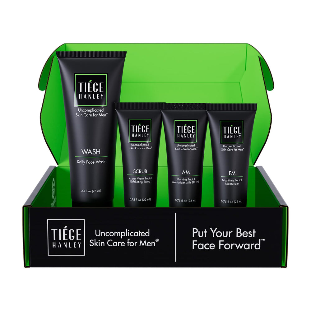 Tiege Hanley kit frontal mostrando los cuatro productos y su presentación compacta