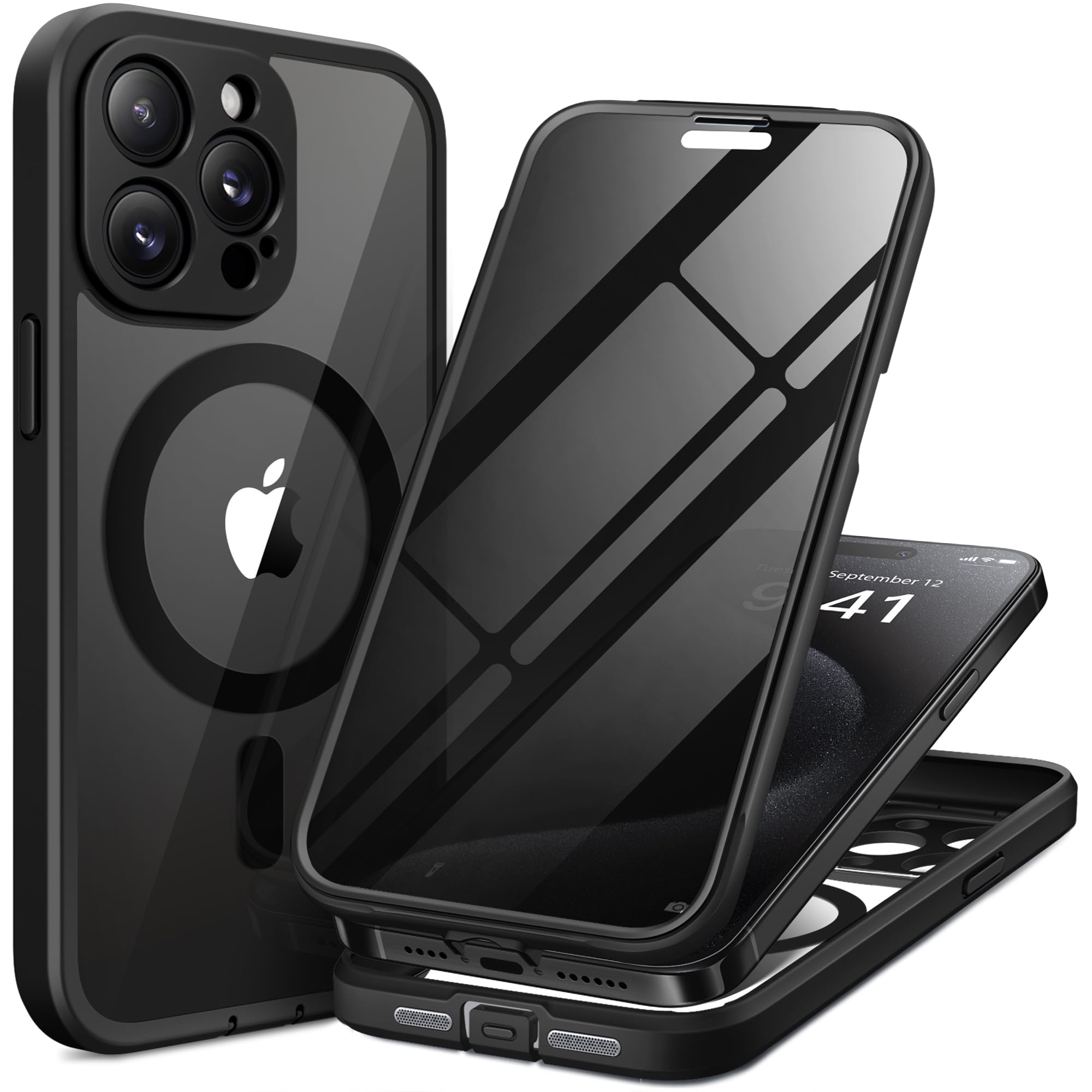 TIESZEN funda frontal para iPhone 15 Pro Max, ajuste seguro y acabado negro