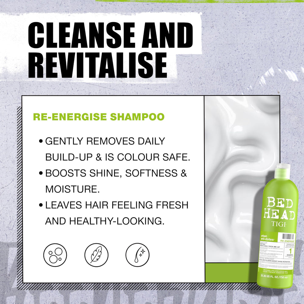 TIGI Bed Head champú y acondicionador en uso durante la ducha, facilita peinado