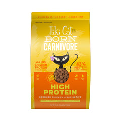TIKI PETS paquete frente mostrando pollo y huevo, aporta proteína real