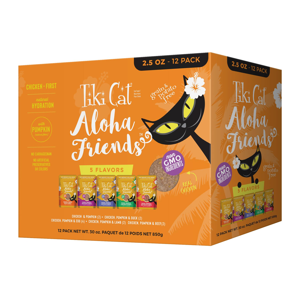 Tiki Cat frente del empaque Aloha Friends mostrando pack variado y conveniencia