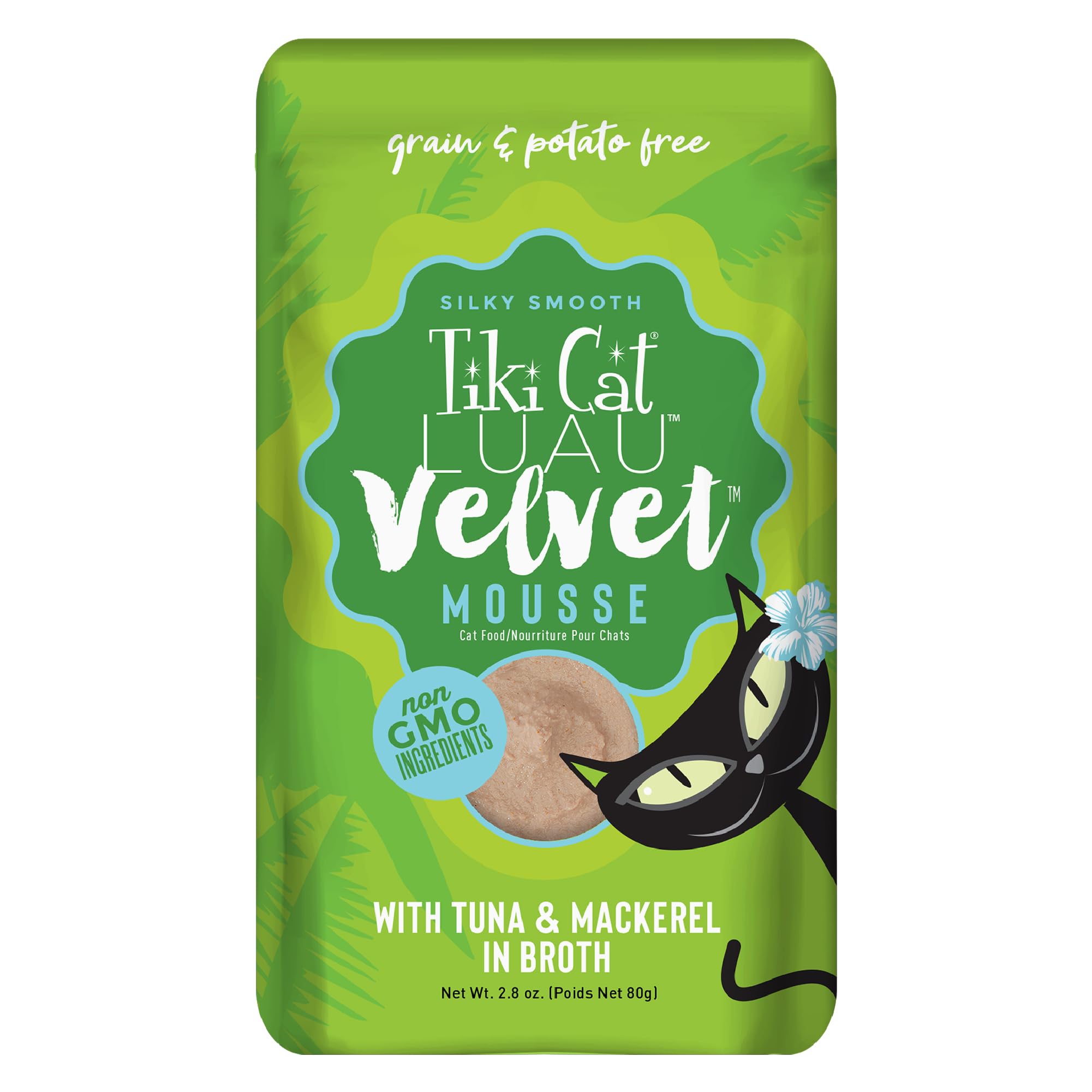Tiki Cat empaque delantero Luau Velvet Mousse mostrando marca y beneficio nutricional