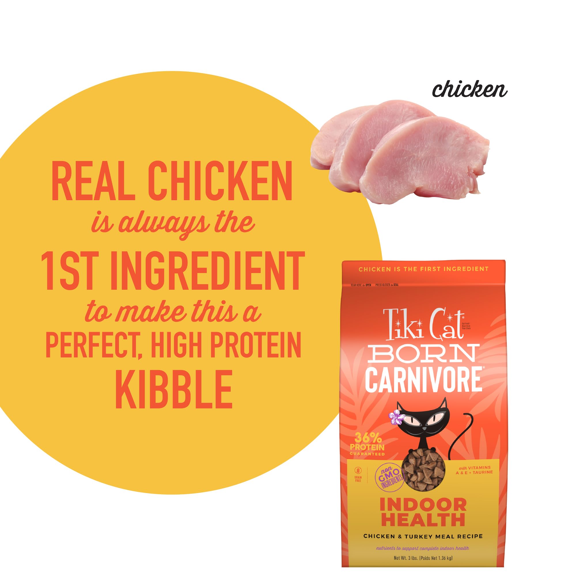 TIKI PETS etiqueta con lista de ingredientes y garantía de 36% proteína