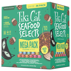 TIKI PETS frente del embalaje mostrando las 36 latas y variedad
