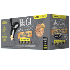 TIKI PETS lata frontal del pack variedad mostrando etiquetas y beneficios