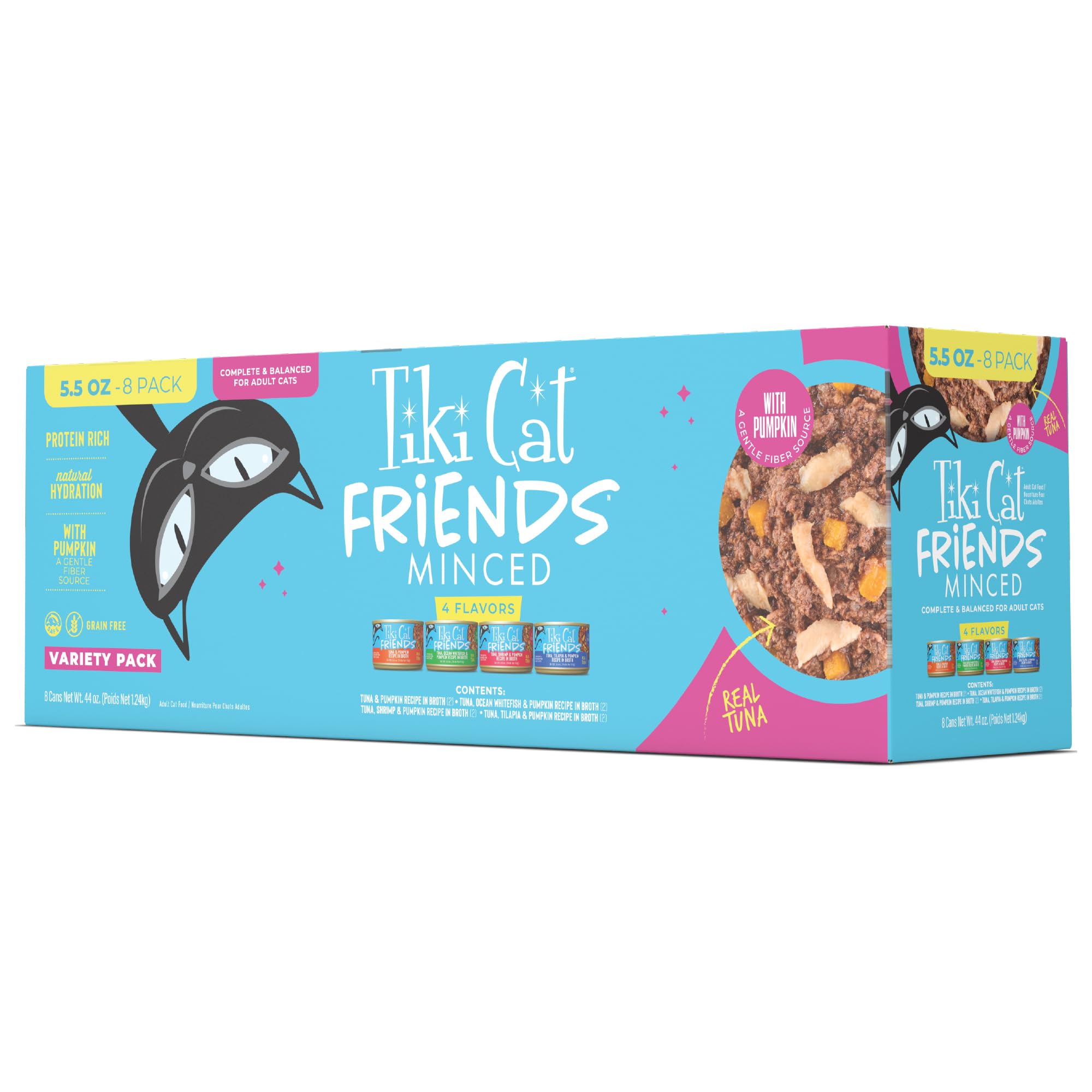 TIKI PETS empaque frontal de Tiki Cat Friends atún mostrando beneficio nutricional
