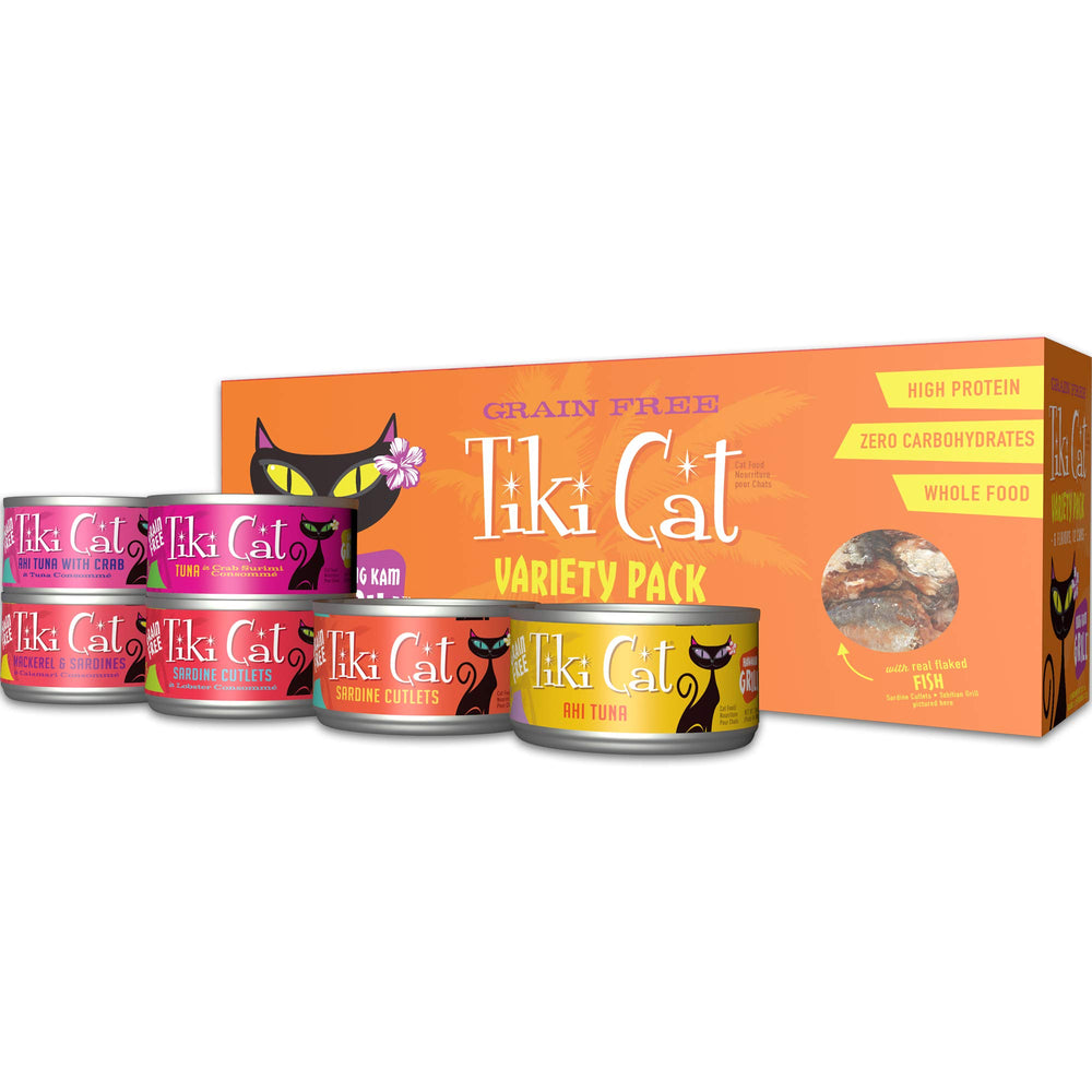 TIKI PETS assortment layout of 12 cans highlighting variety pack convenience for sampling