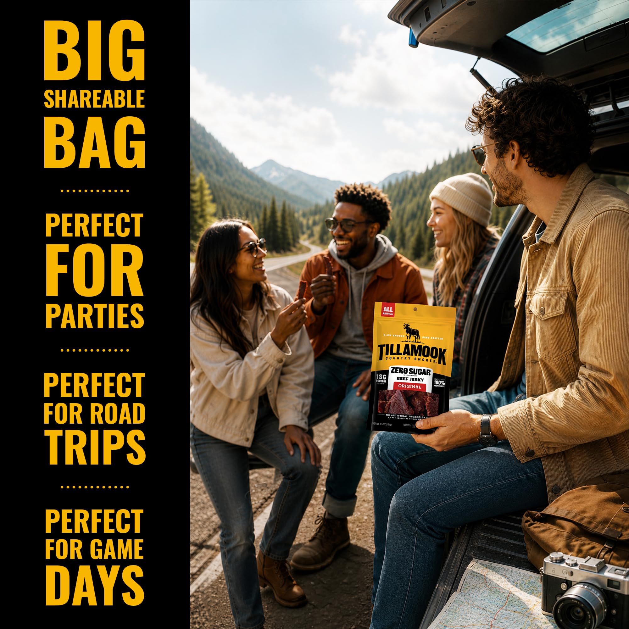 Tillamook Country Smoker empaque abierto con tiras listas para comer en movimiento