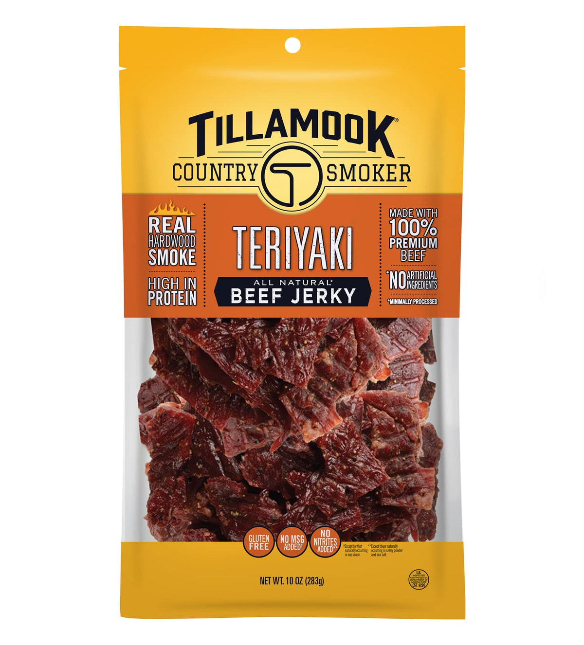 Tillamook Country Smoker paquete frente mostrando sabor Teriyaki y conveniencia