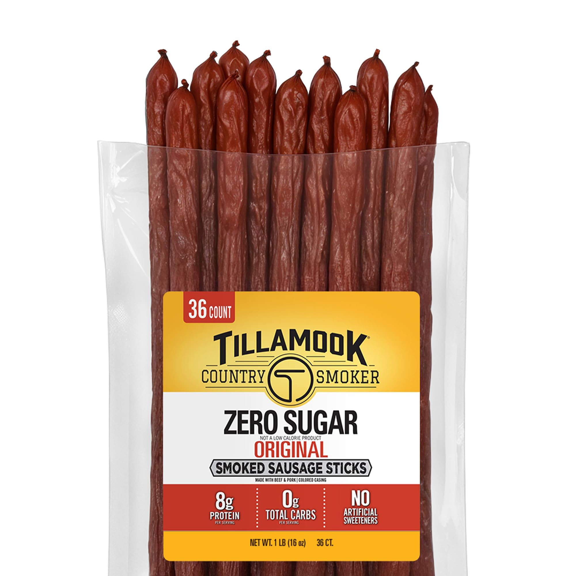 TILLAMOOK COUNTRY SMOKER empaque frontal mostrando palitos listos para comer y conveniencia