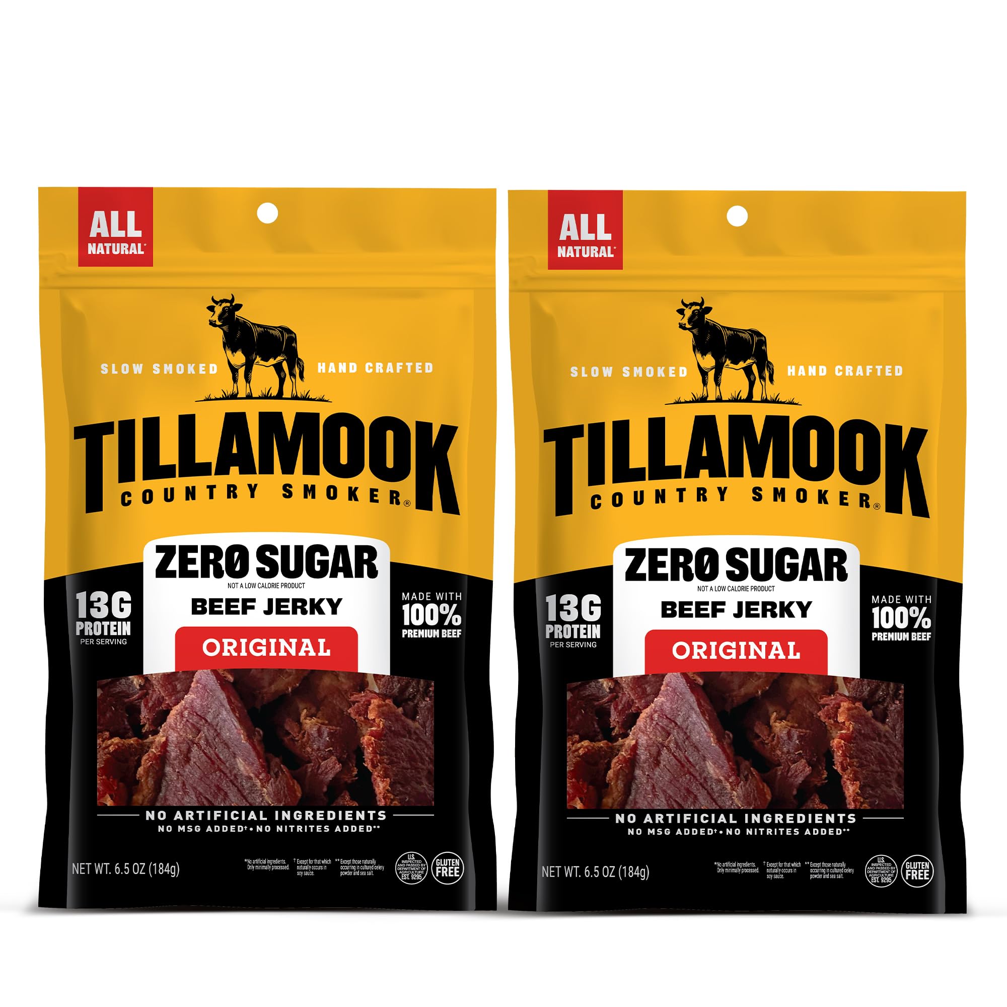 Tillamook Country Smoker empaque frontal que muestra tiras ahumadas y conveniencia