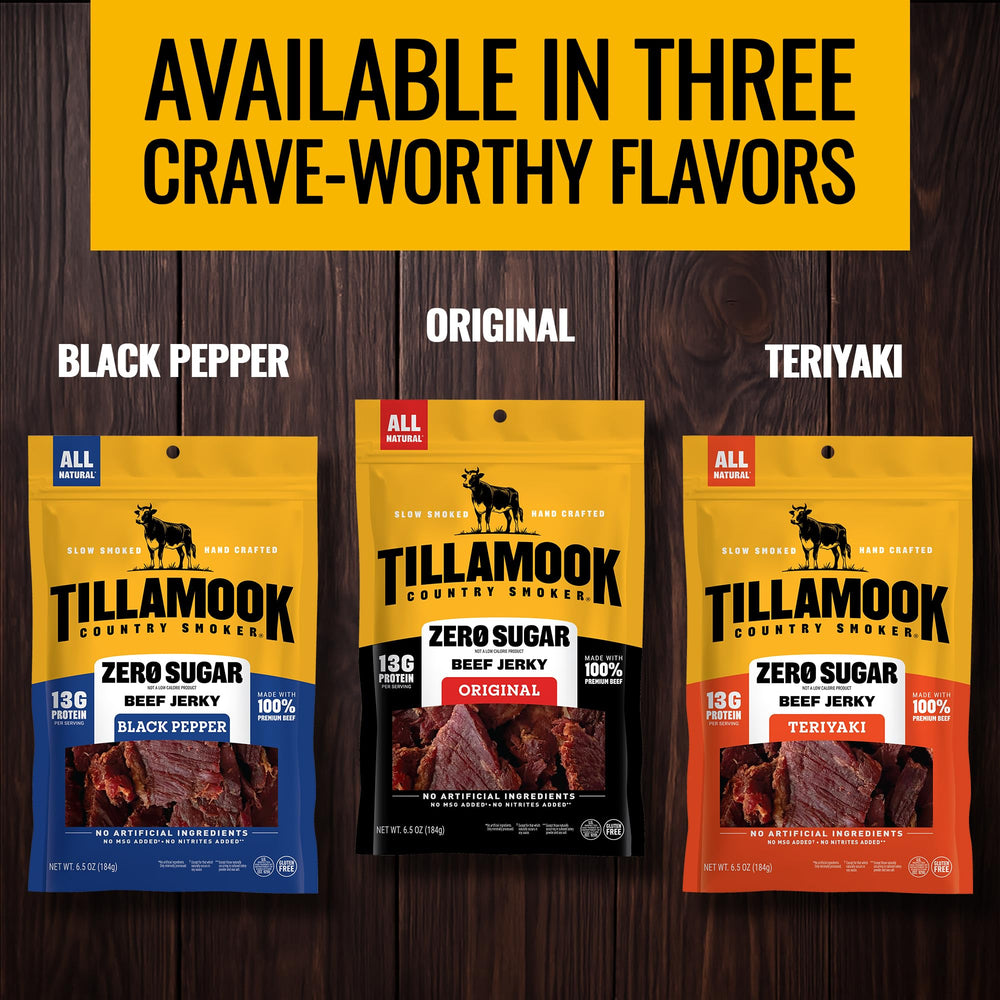 Tillamook Country Smoker tiras guardadas en mochila, snack alto en proteína