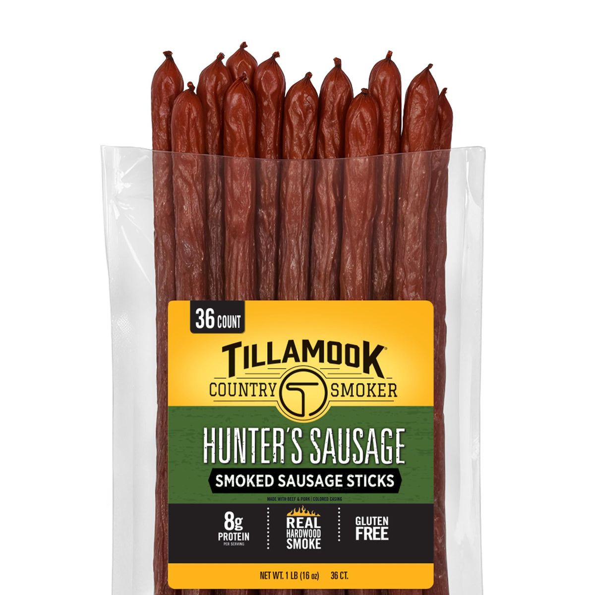 Tillamook Country Smoker empaque frontal mostrando 36 palitos y conveniencia