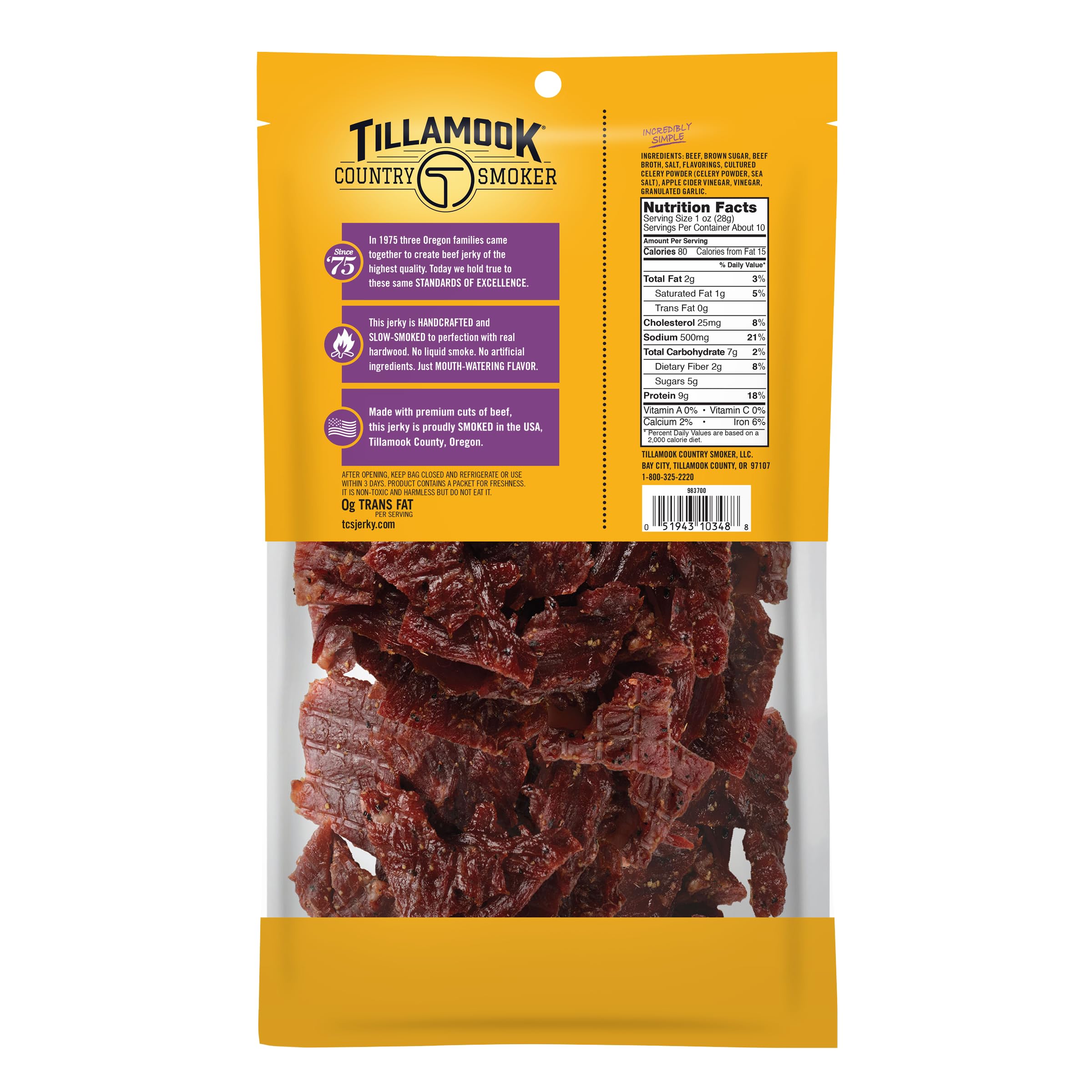 Tillamook textura a primer plano del jerky con ahumado visible y jugosidad