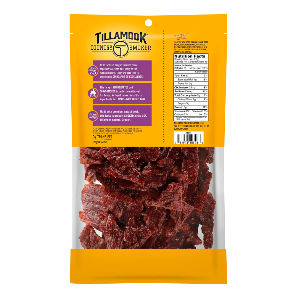 Tillamook textura a primer plano del jerky con ahumado visible y jugosidad
