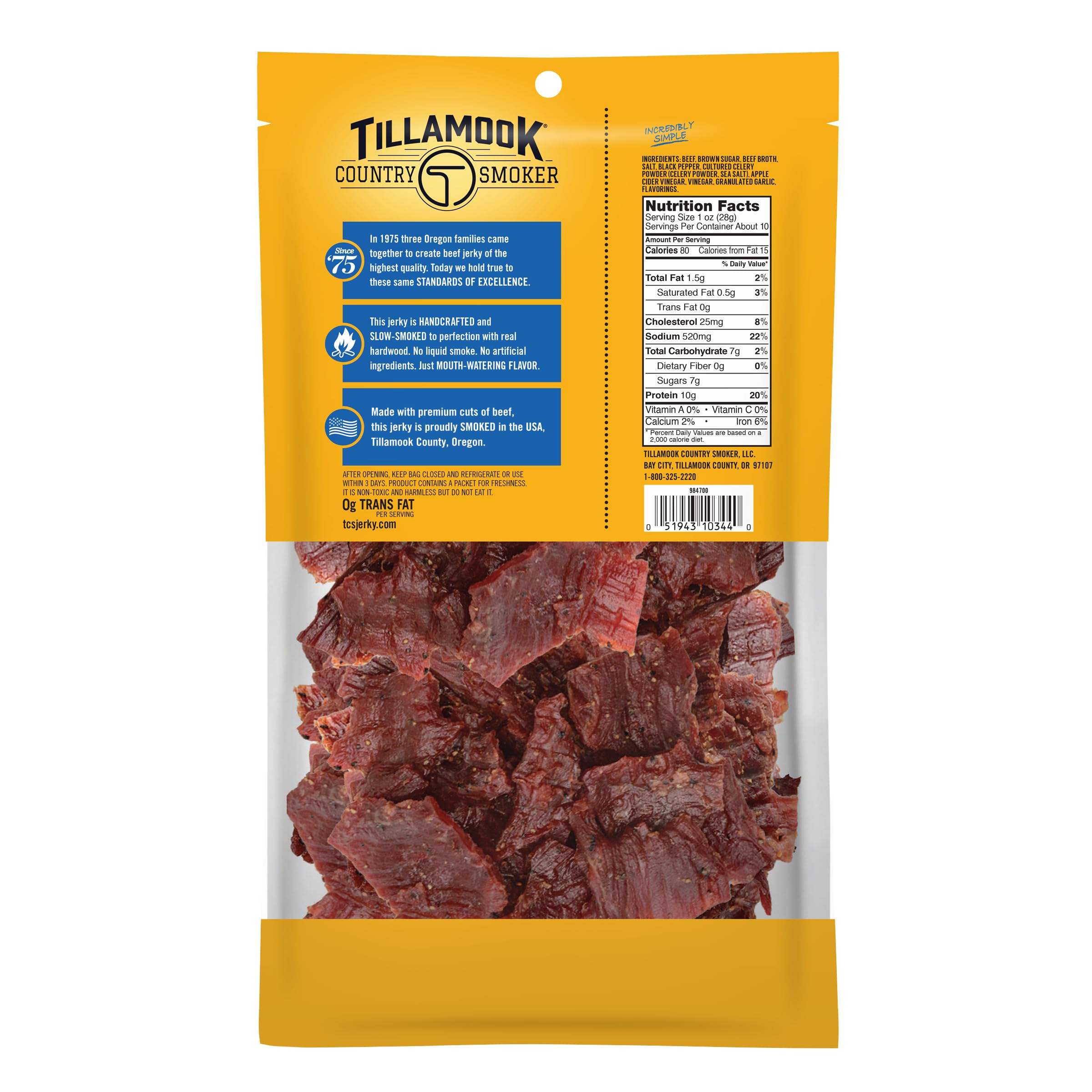 Tillamook Country Smoker primer plano de tiras resaltando textura masticable
