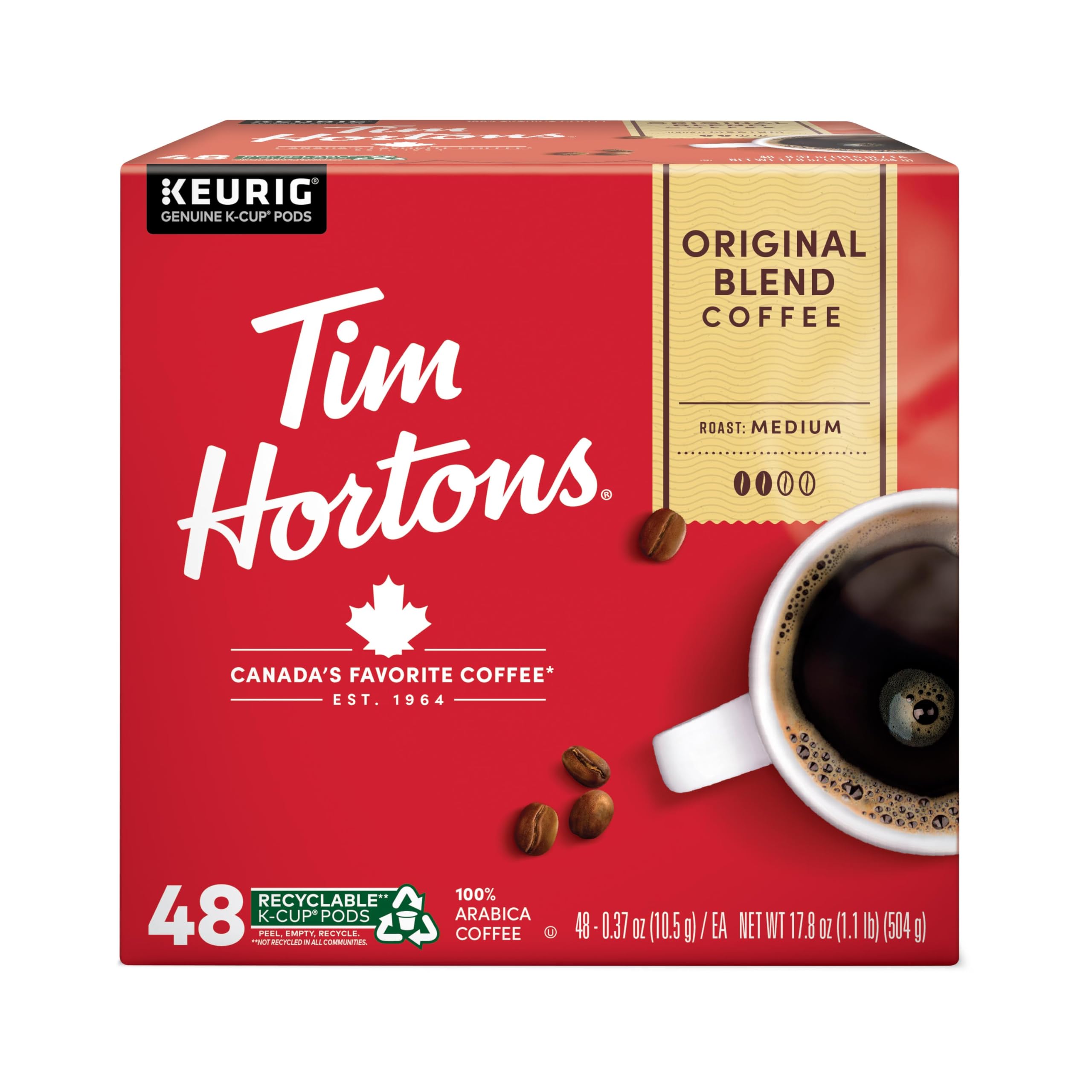 Tim Hortons caja 48 cápsulas K-Cup vista frontal con información clara
