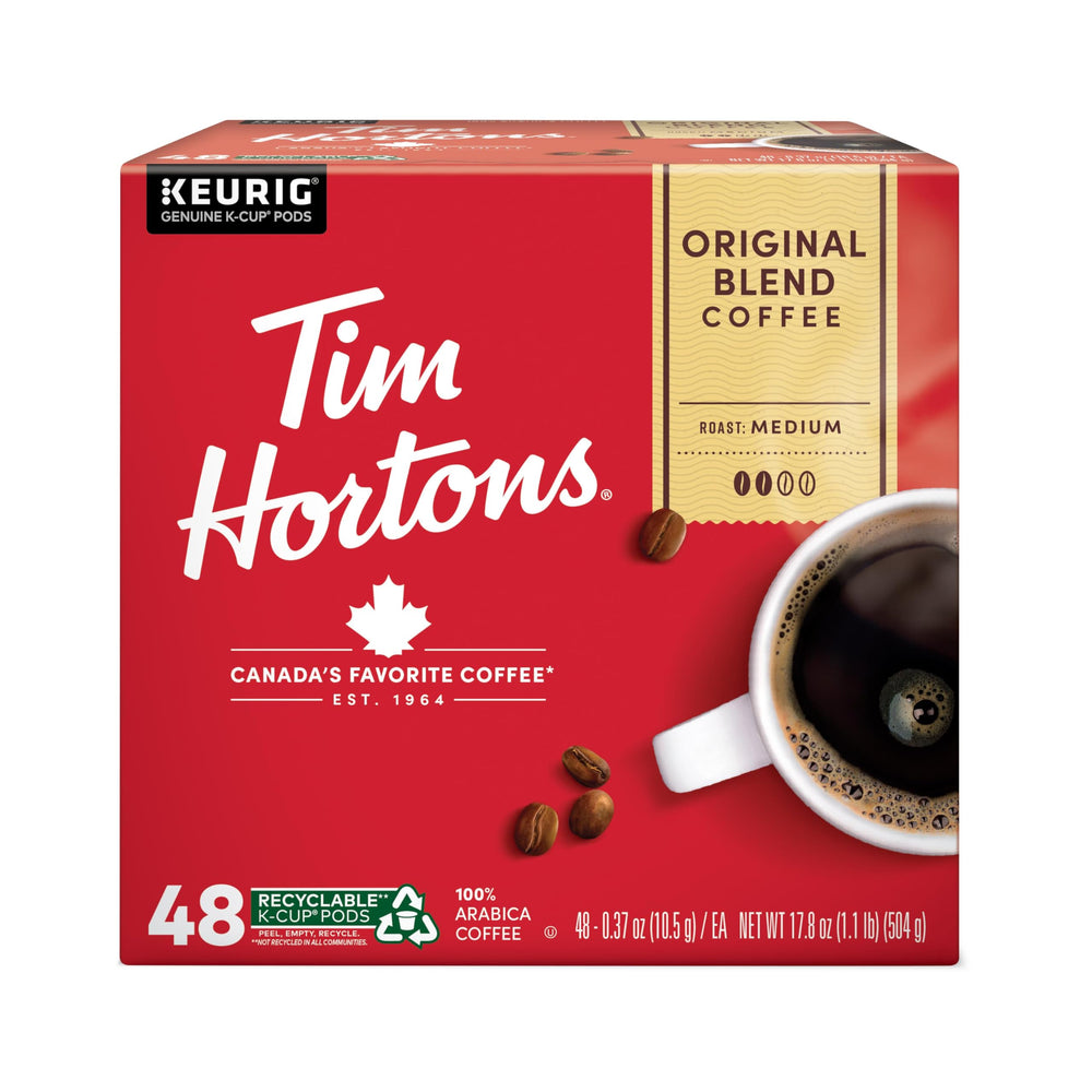Tim Hortons caja 48 cápsulas K-Cup vista frontal con información clara