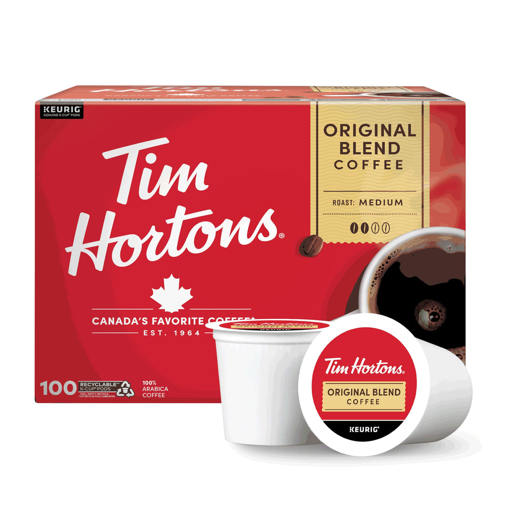 Tim Hortons frente del empaque K-Cup mostrando 100 cápsulas y conveniencia