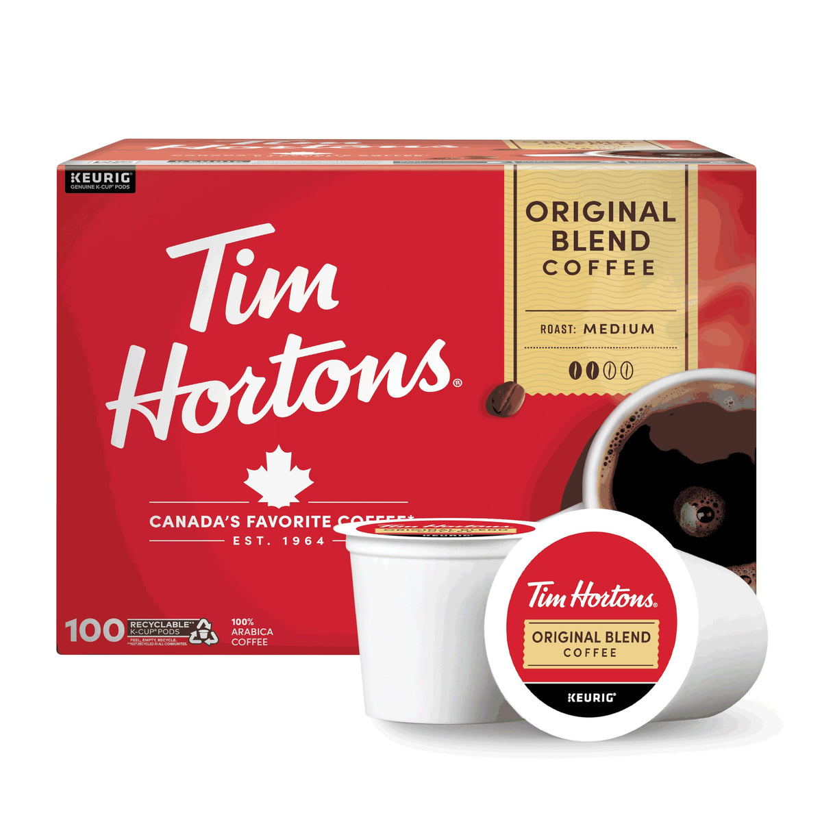 Tim Hortons frente del empaque K-Cup mostrando 100 cápsulas y conveniencia