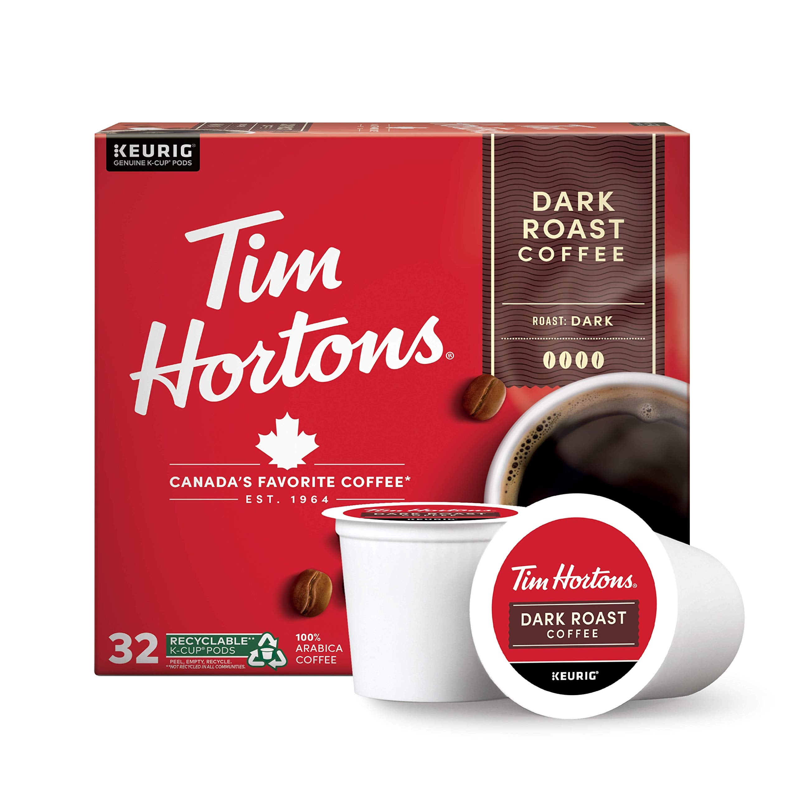 Tim Hortons paquete frontal rojo mostrando 32 cápsulas y beneficio conveniencia