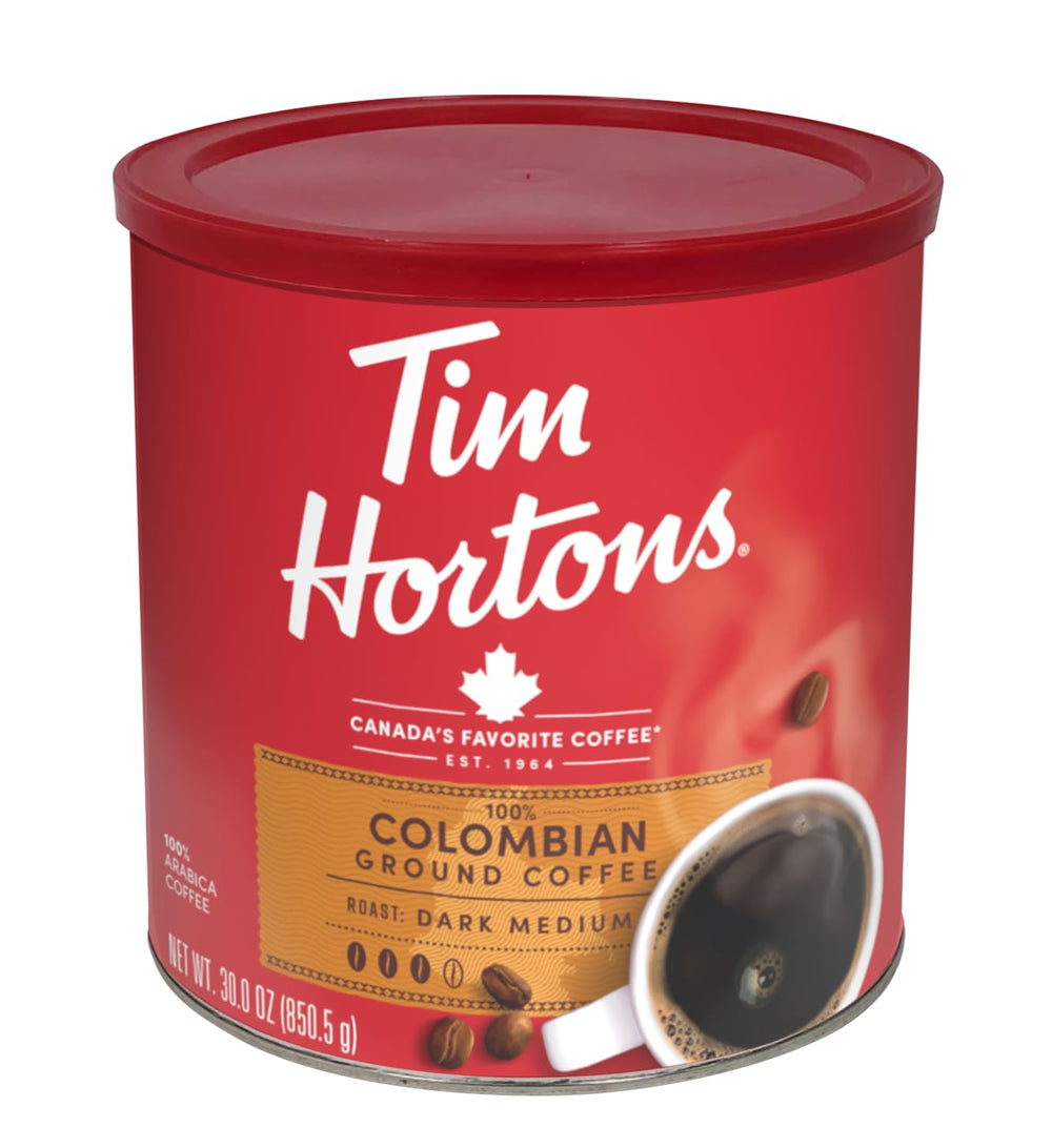 Tim Hortons lata frontal mostrando etiqueta y beneficio de frescura