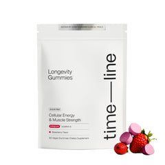 Timeline Mitopure gomitas frente del envase mostrando marca y dosificación beneficio práctico