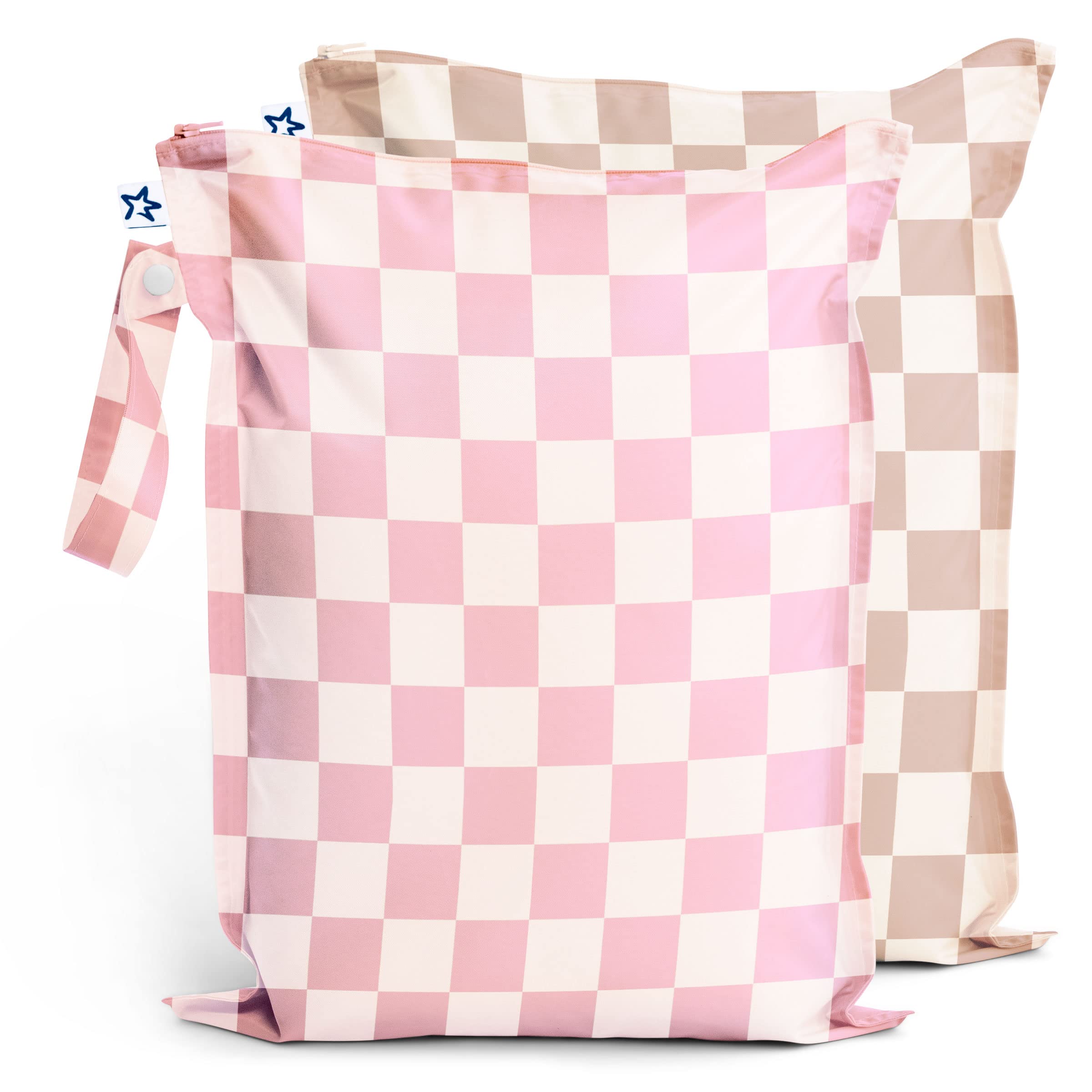 Tiny Twinkle bolsa frontal rosa y marrón cuadros mostrando diseño y cierre, protección contra fugas