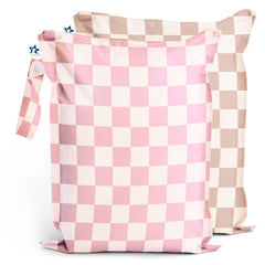 Tiny Twinkle bolsa frontal rosa y marrón cuadros mostrando diseño y cierre, protección contra fugas
