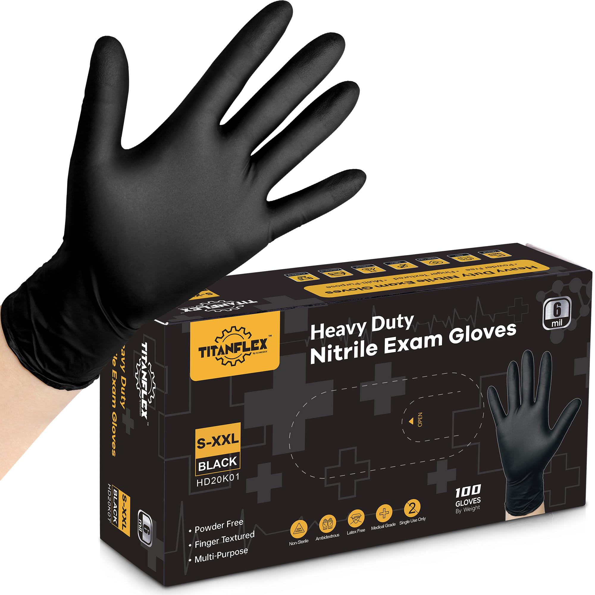TitanFlex caja frontal mostrando 100 guantes negros, fácil almacenamiento