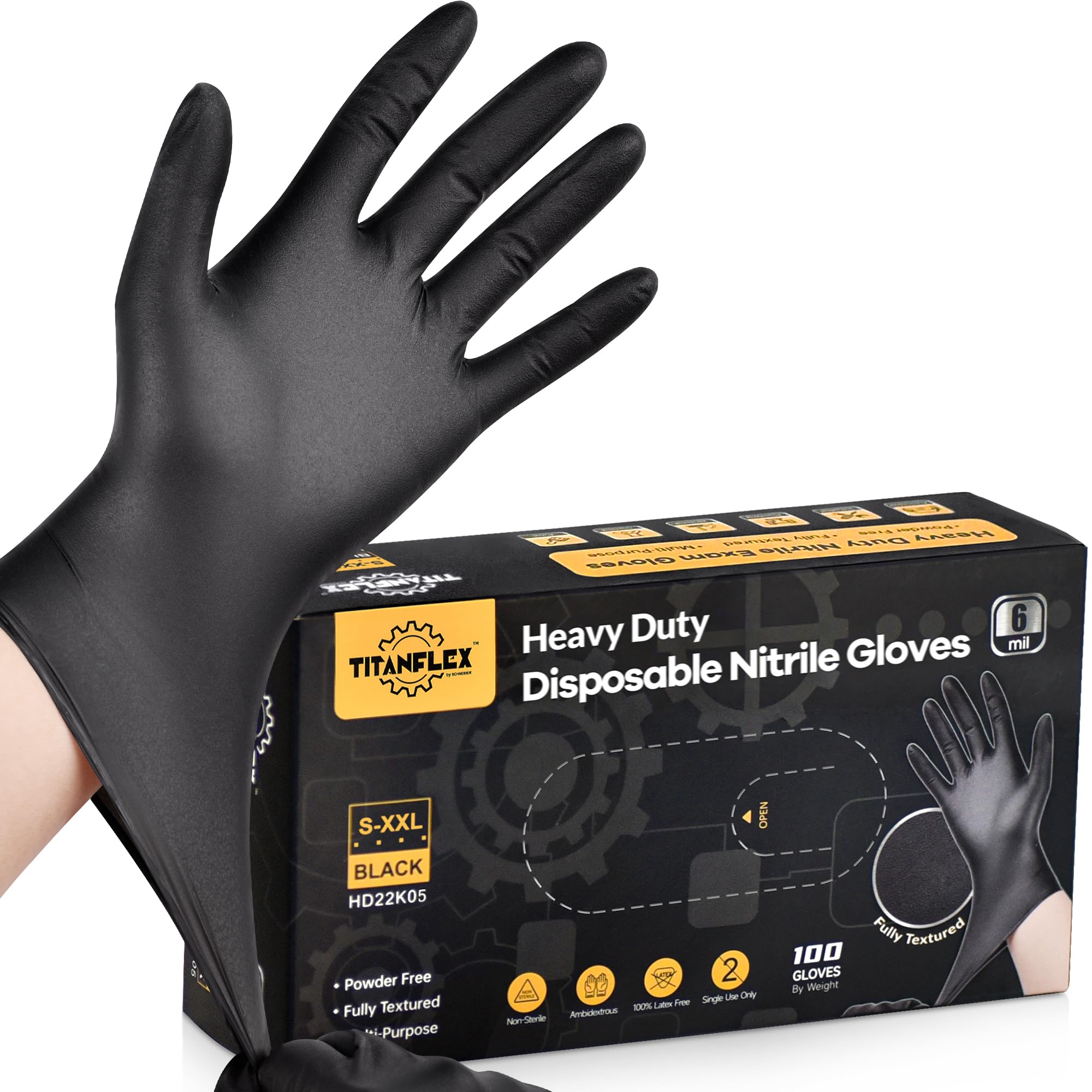 TitanFlex caja frontal de 100 guantes nitrilo negro mostrando cantidad y diseño