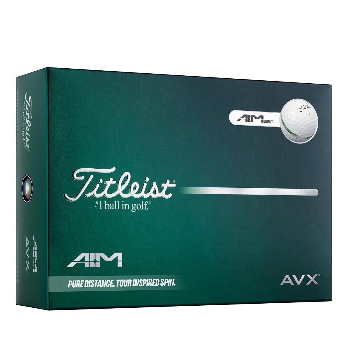 Titleist AVX AIM frente del paquete mostrando el diseño de alineación y precisión