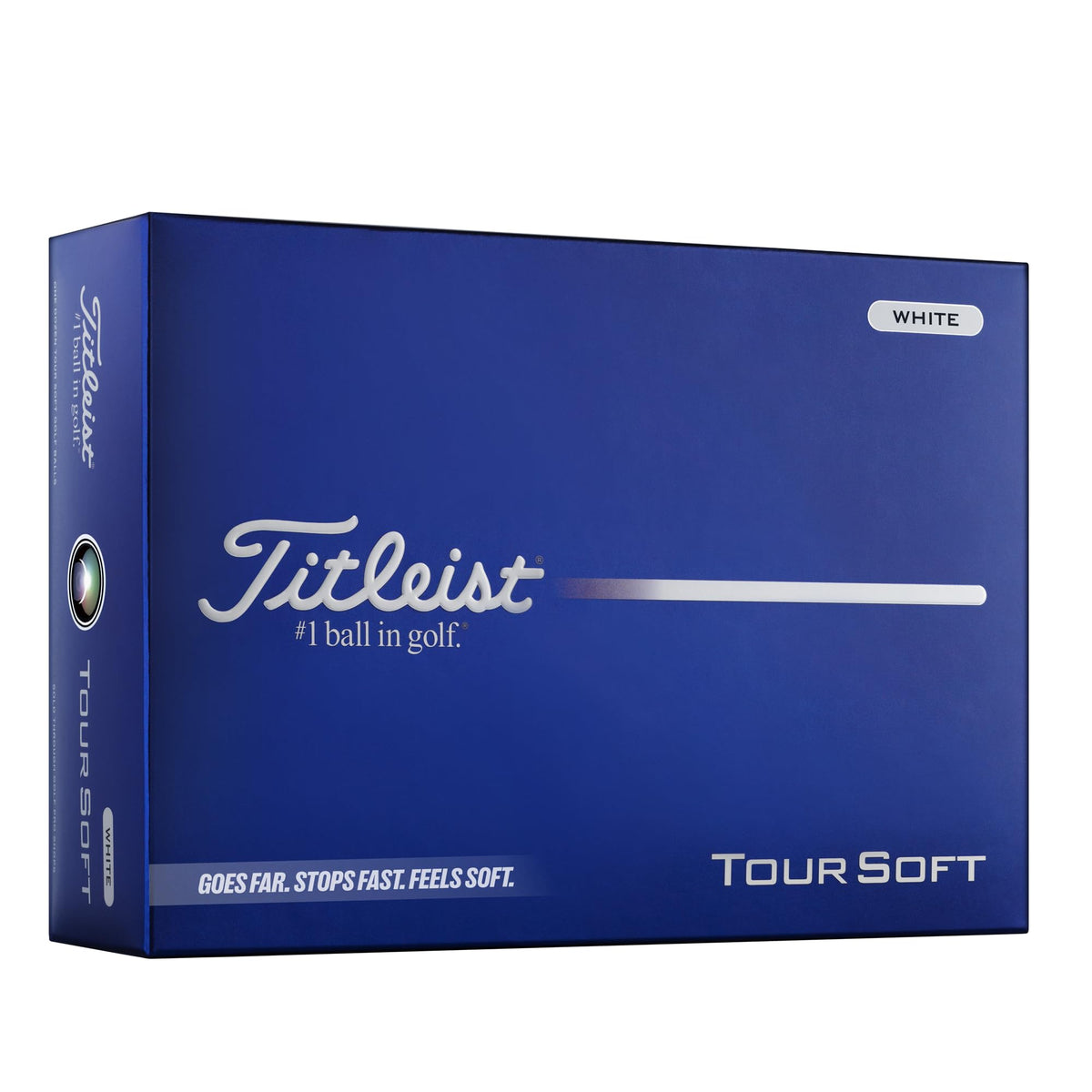 Titleist Tour Soft vista frontal del embalaje mostrando presentación profesional y beneficio de rendimiento