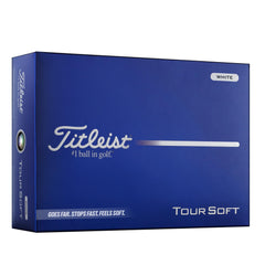 Titleist Tour Soft vista frontal del embalaje mostrando presentación profesional y beneficio de rendimiento