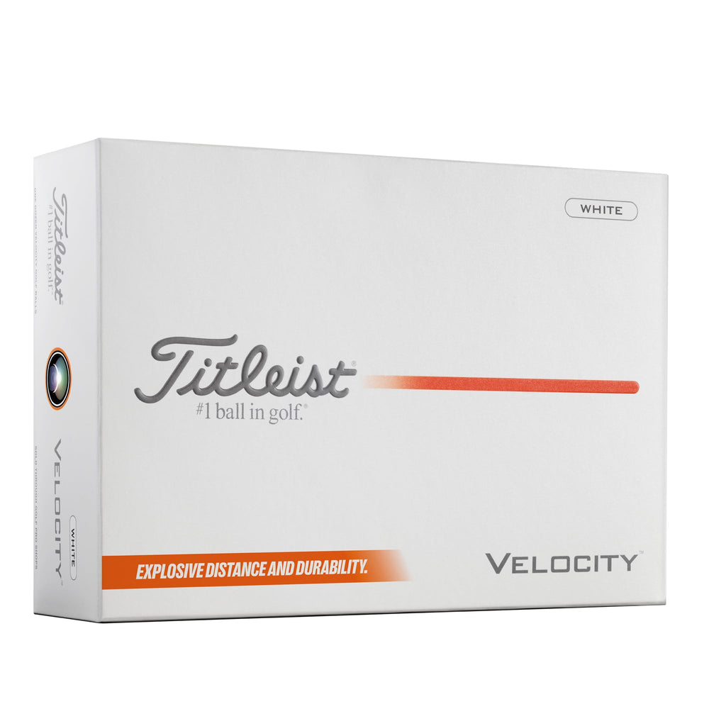 Titleist Velocity empaque frontal mostrando diseño y color para rápida identificación