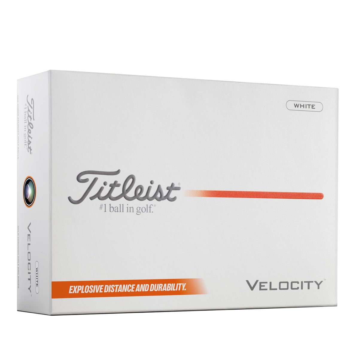 Titleist Velocity empaque frontal mostrando diseño y color para rápida identificación