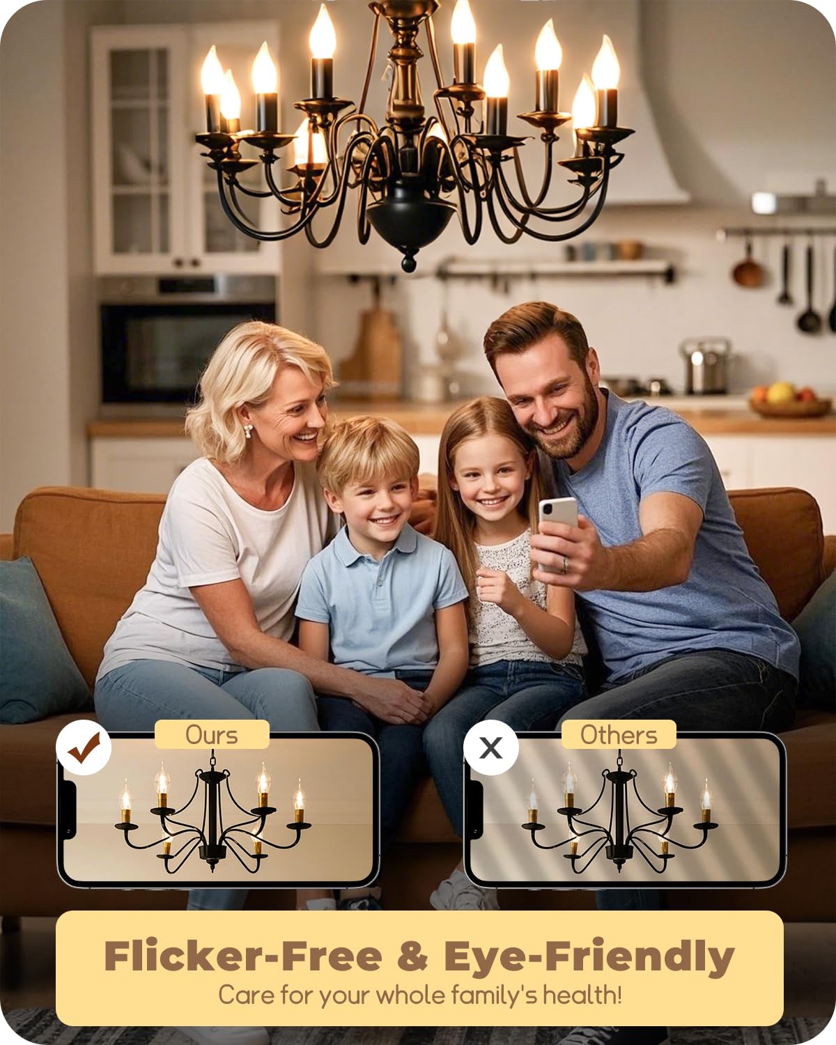TJOY ambiente de sala con varias bombillas mostrando tono cálido 2700K
