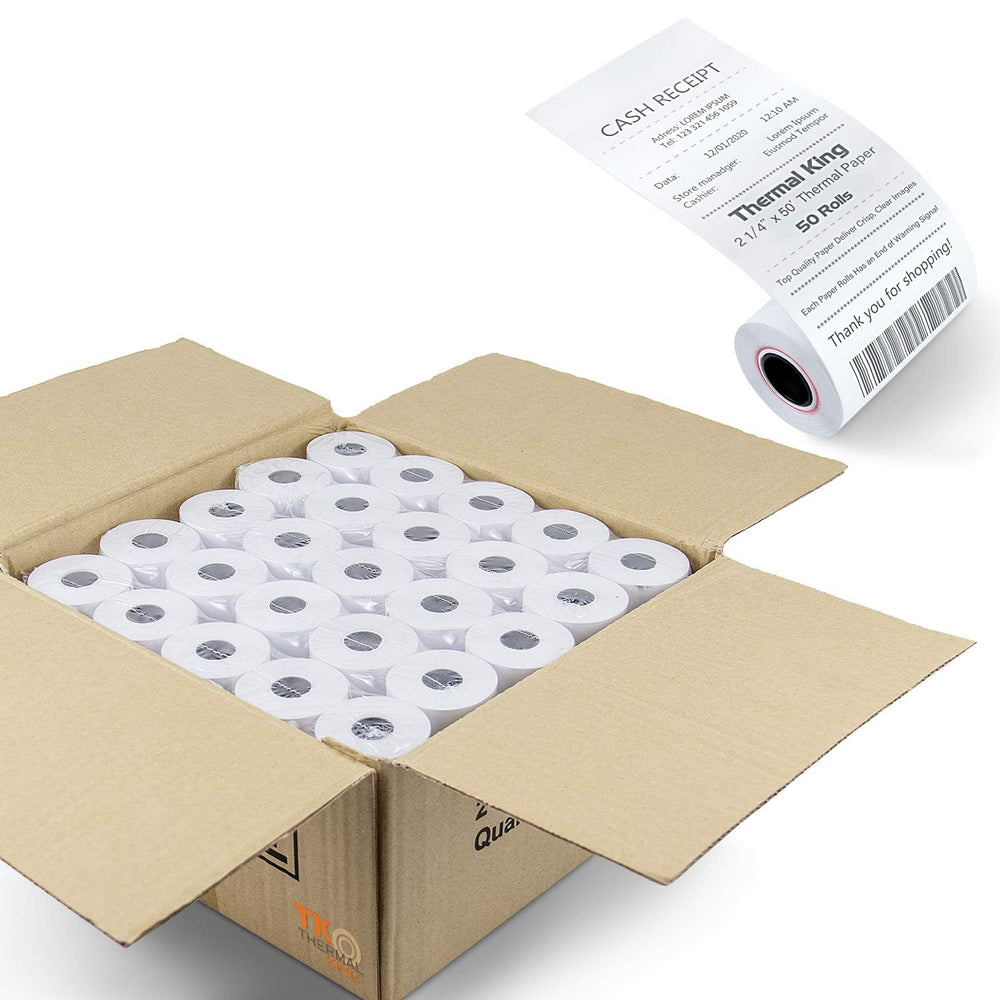 TK Thermal King paquete frontal mostrando 50 rollos y almacenamiento eficiente