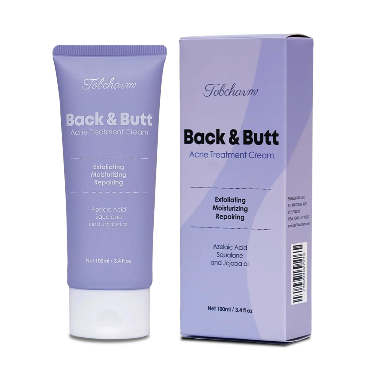 Tobcharm envase frontal de crema para acné corporal mostrando diseño y uso práctico