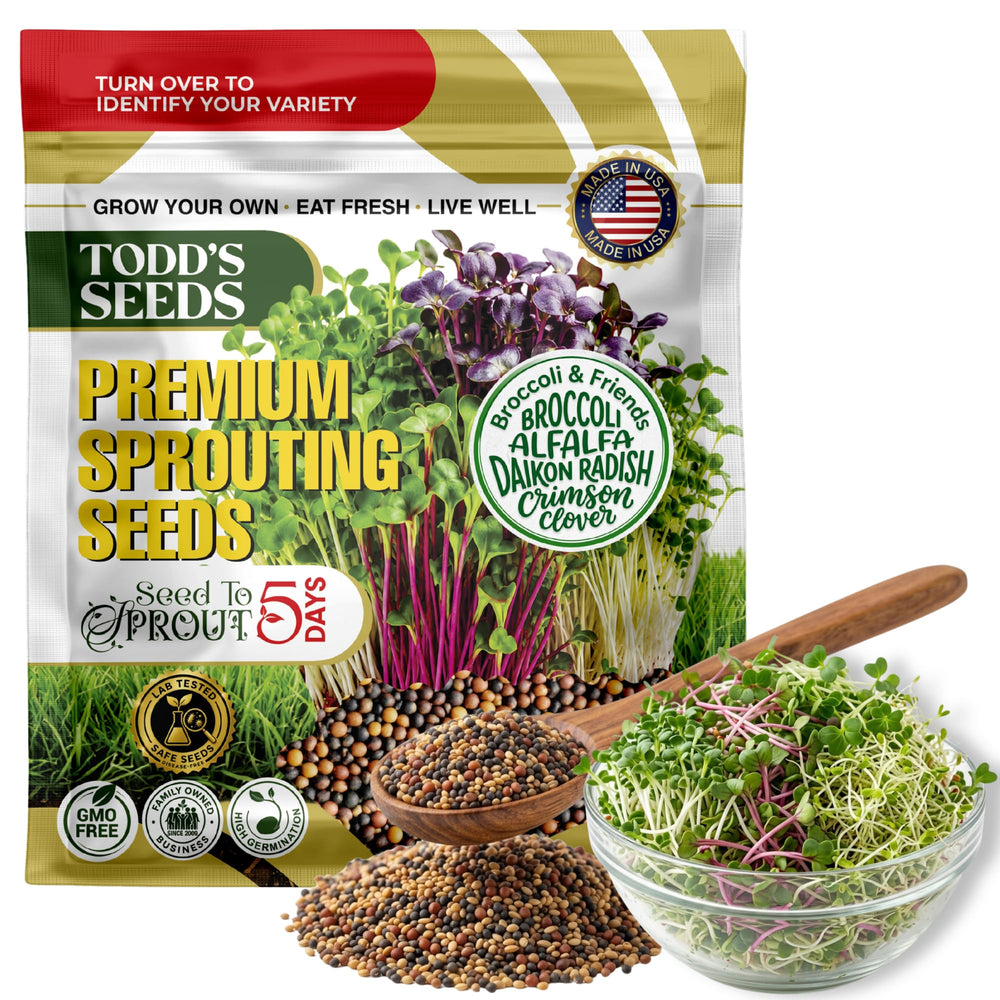 Todd's Seeds bolsa frontal mostrando mezcla de semillas y beneficio de ahorro