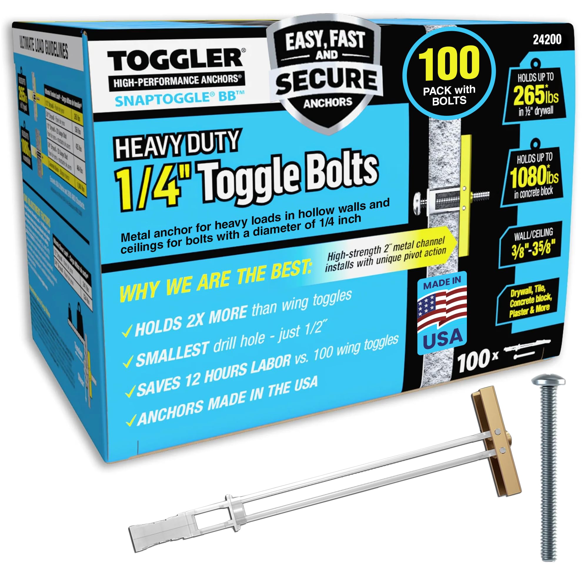 TOGGLER paquete 100 anclajes SNAPTOGGLE muestra frontal y beneficio durabilidad