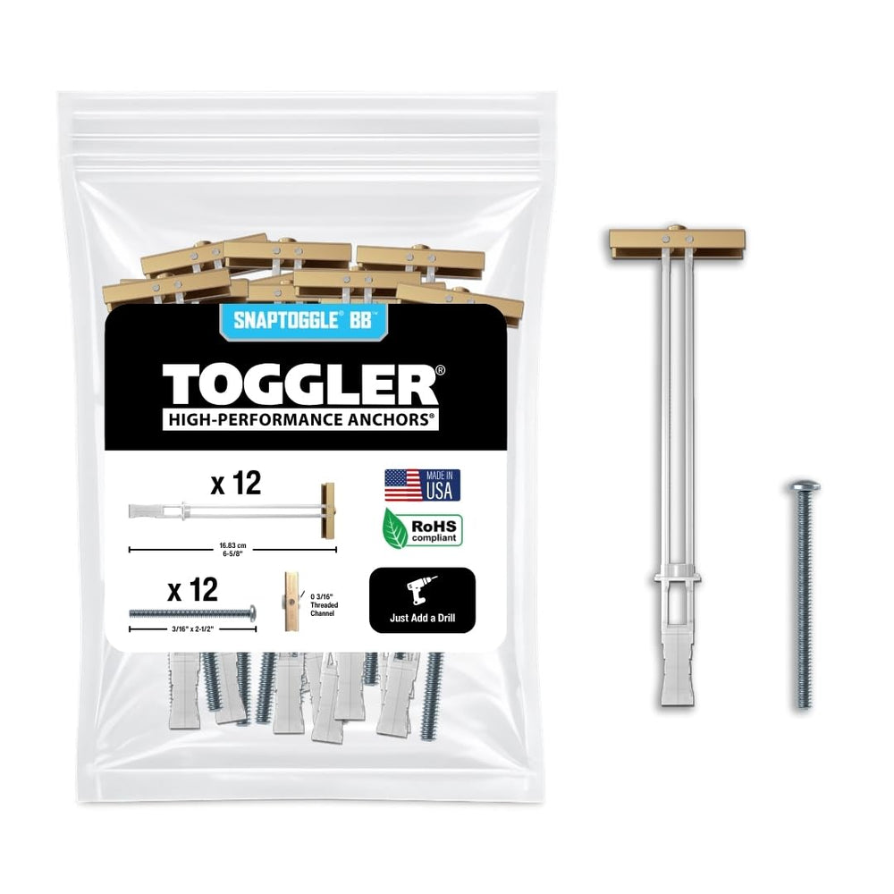 TOGGLER pack frontal del producto mostrando anclajes y pernos, claridad de contenido