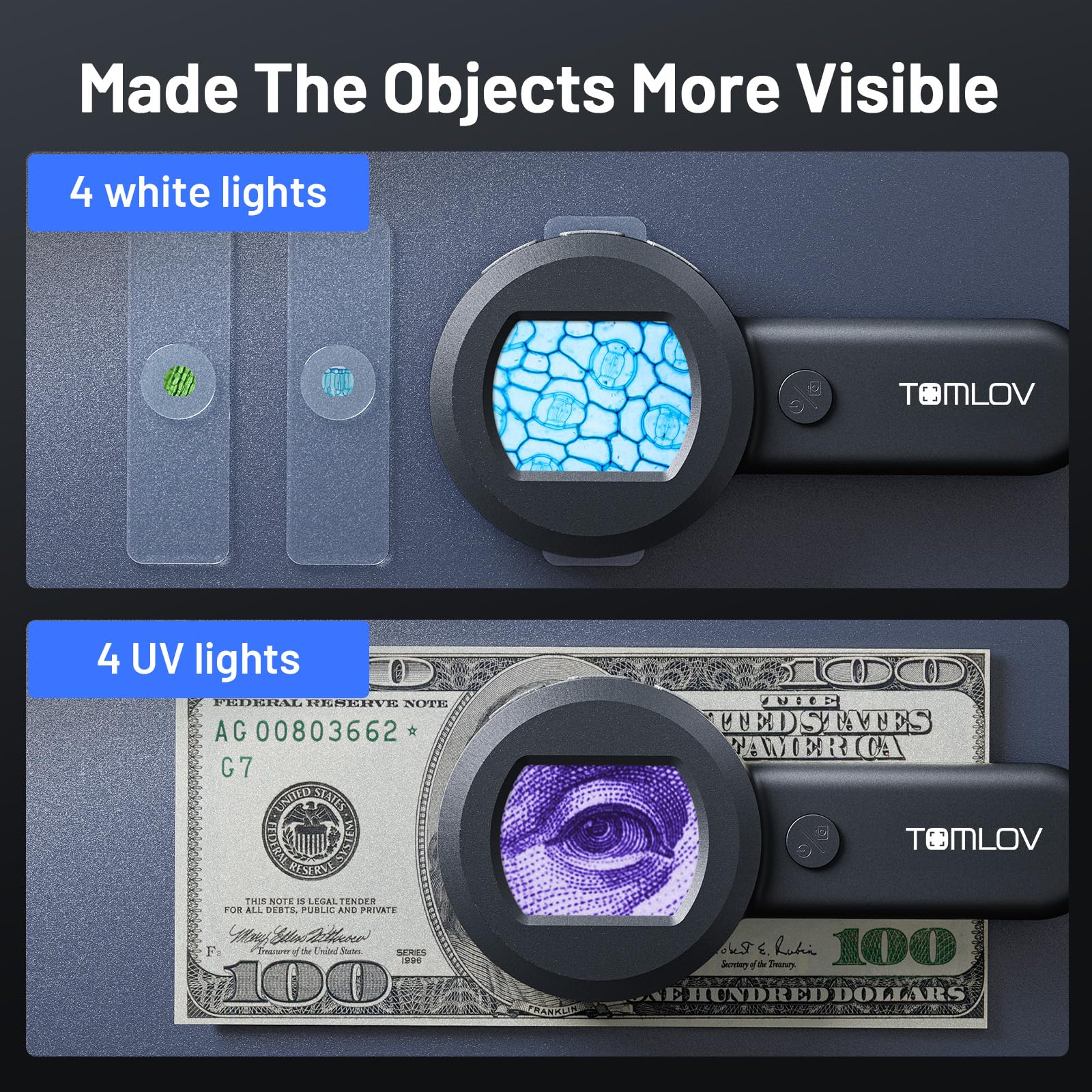 TOMLOV P10 con LEDs UV encendidos, ayuda a detectar fluorescencias