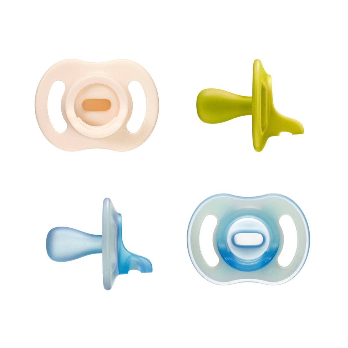 Tommee Tippee vista frontal del pack mostrando cuatro chupetes, conveniencia