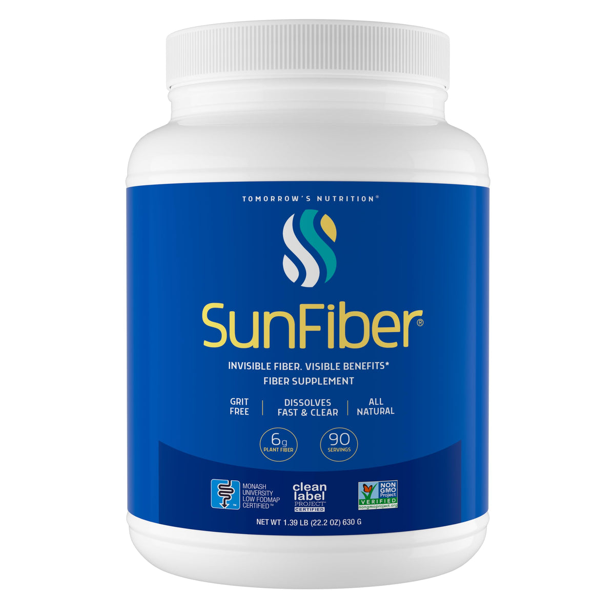 Tomorrow's Nutrition envase frontal mostrando Sunfiber y beneficio de fácil uso