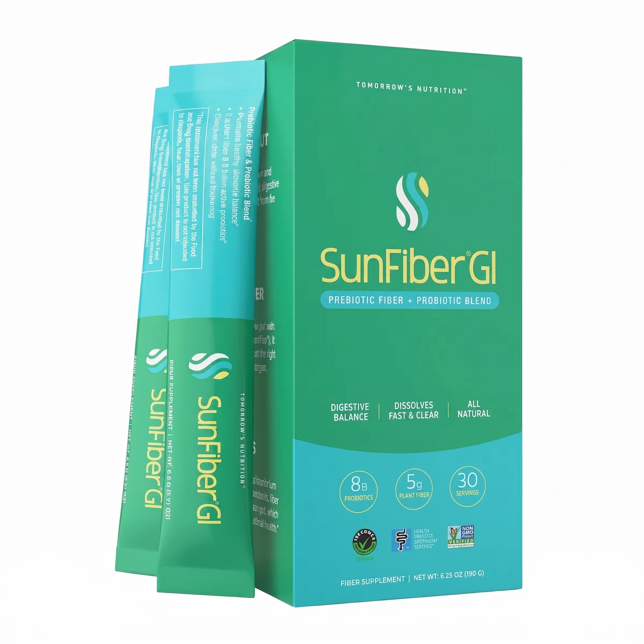 Tomorrow's Nutrition paquete frontal mostrando sobres y beneficios